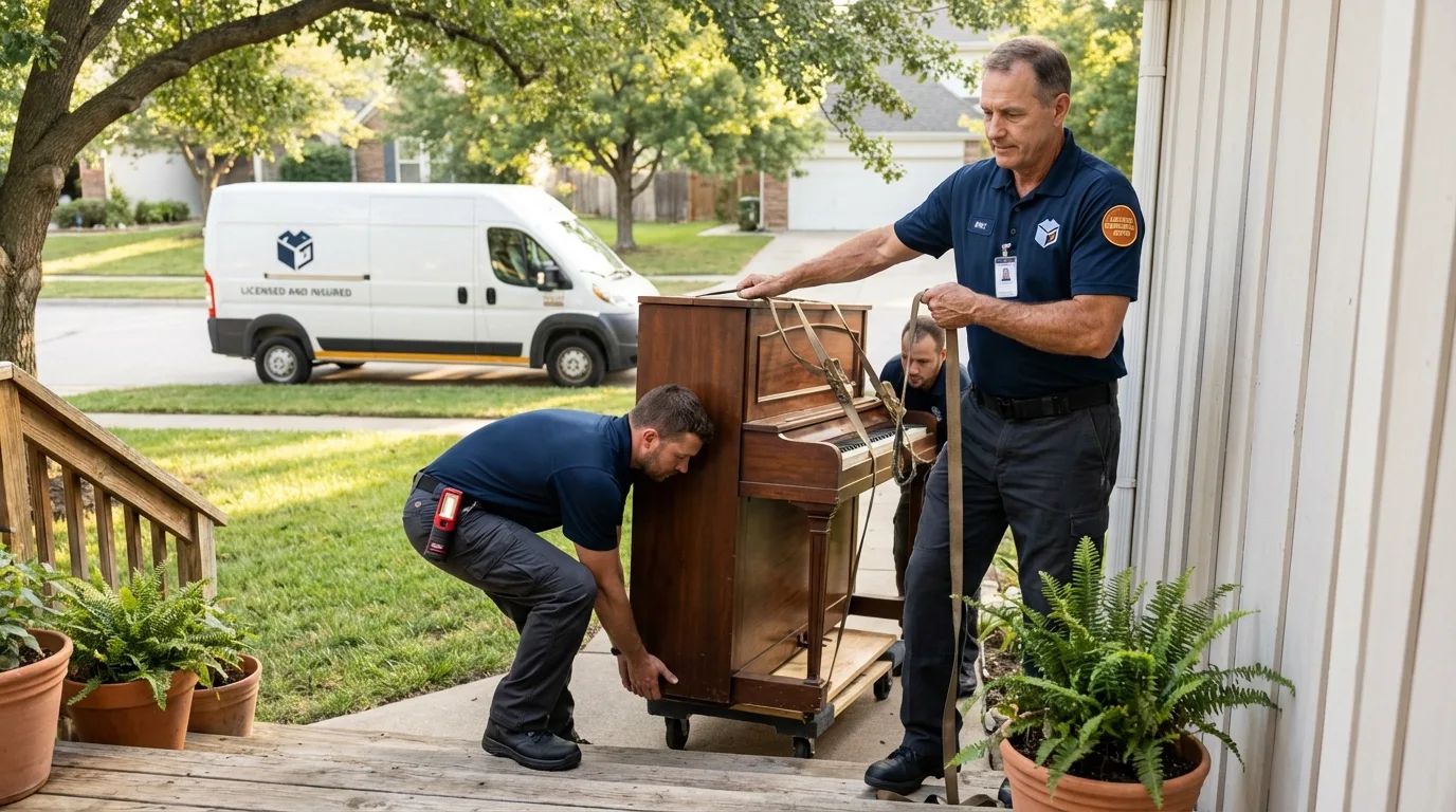 Licensed piano movers securing grand piano in New London, NH