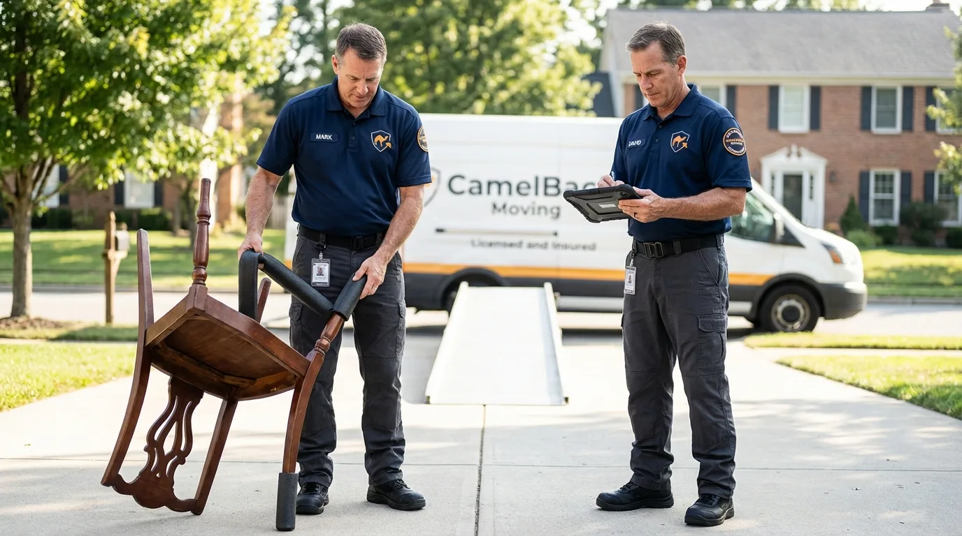 Movers inspecting furniture for damage prevention before loading in New London, NH