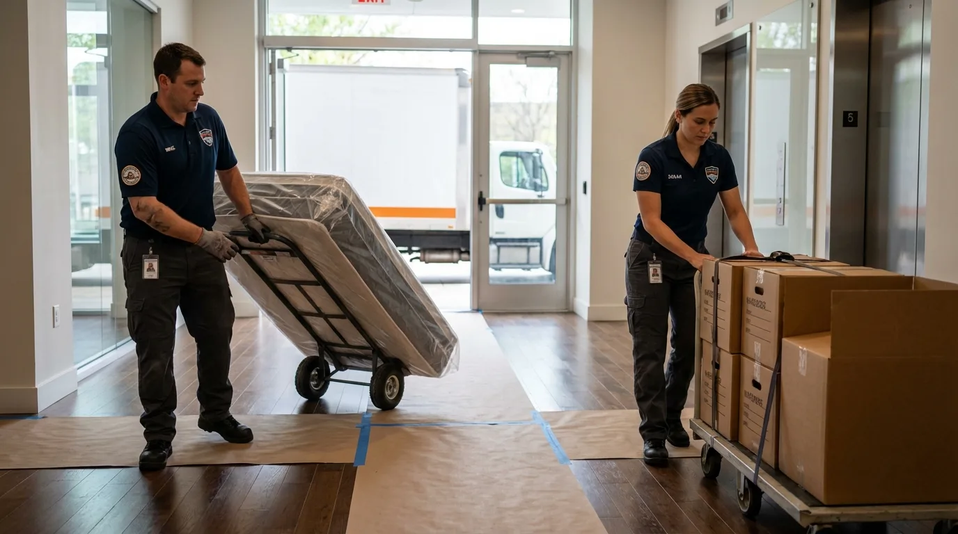 Professional apartment movers loading elevator in New London, NH