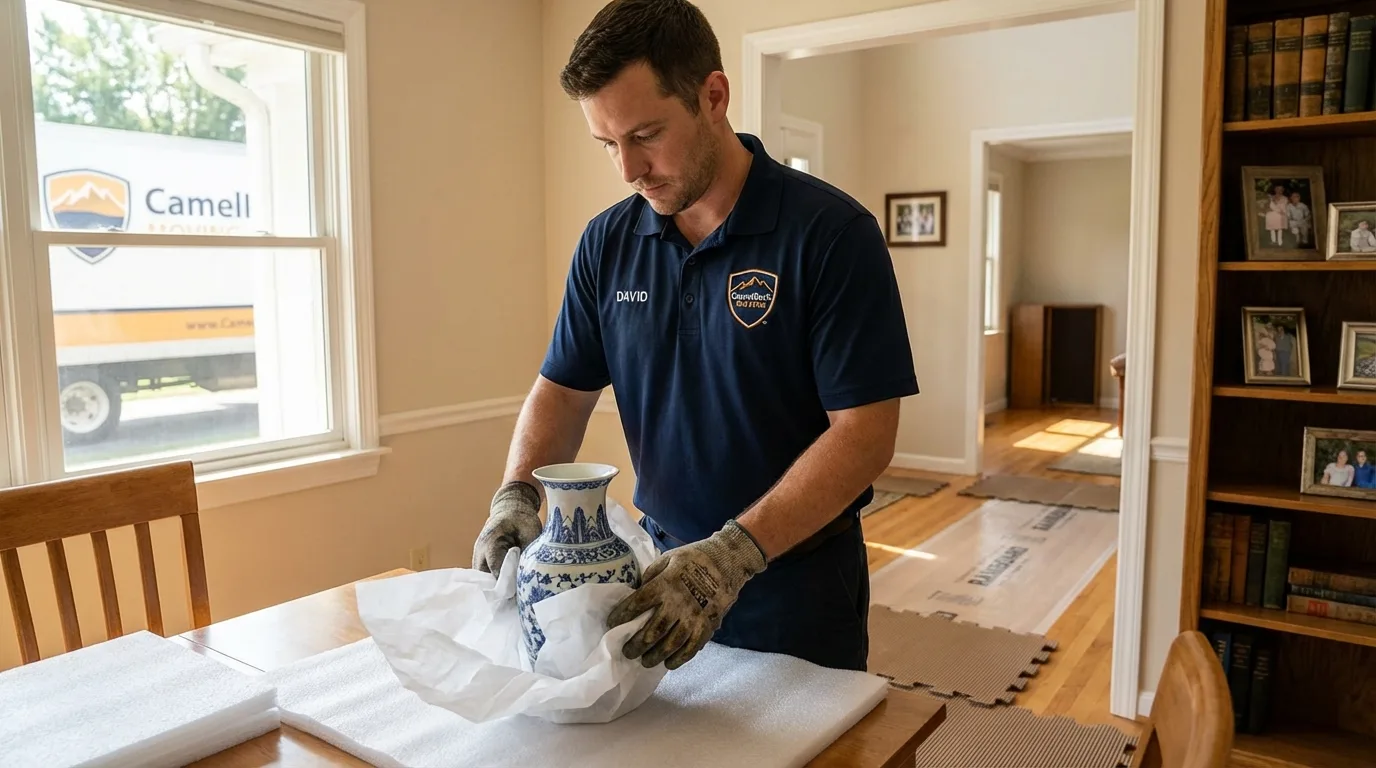 Professional crew carefully wrapping antique vase for senior downsizing move in New London, NH