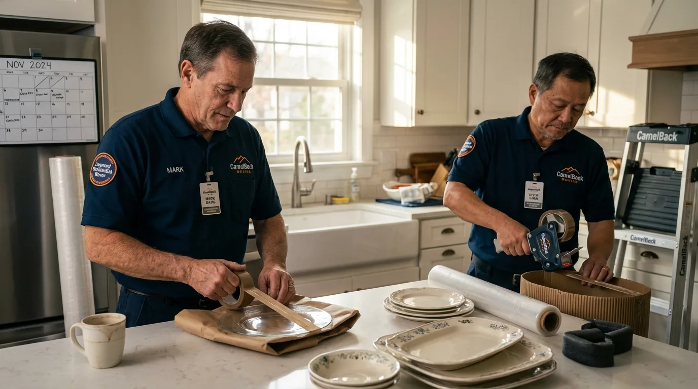 Professional crew packing kitchen dishware in New London, NH